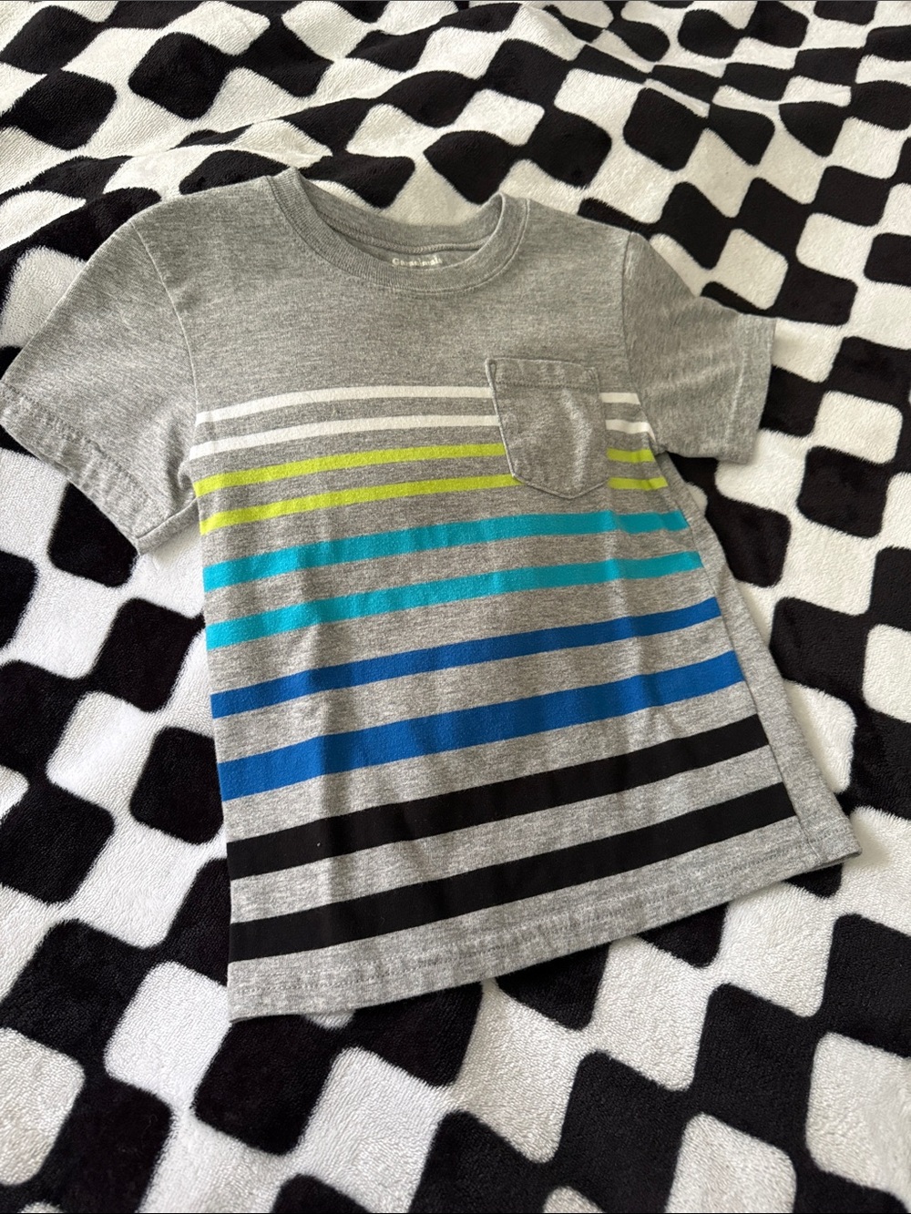 Boys' Gray Striped Pocket Tee with Blue & Green Accents